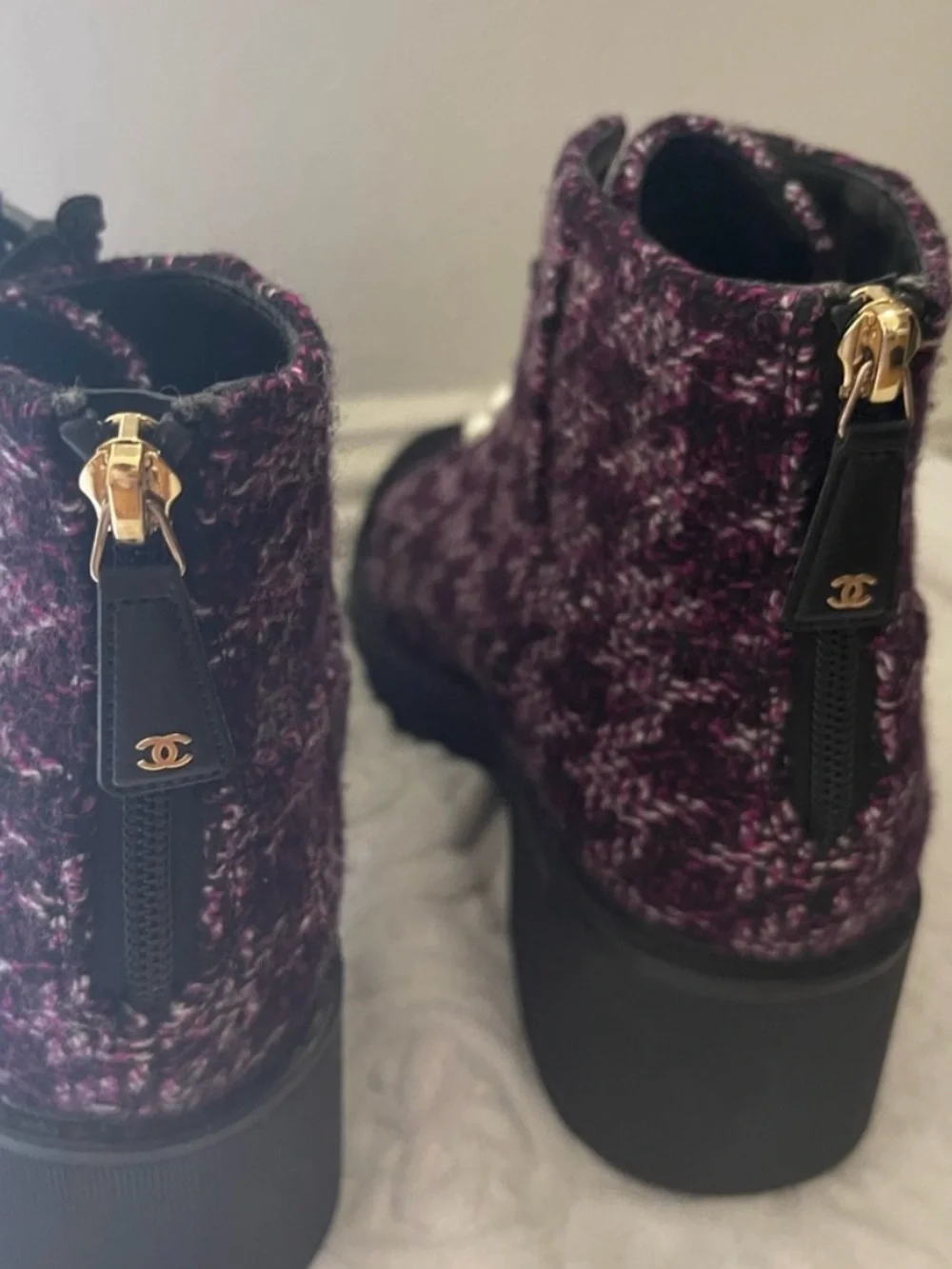 CHANEL Burgundy Purple Knit Lace-Up Ankle Boots with Pearl Buttons size 40 8.5